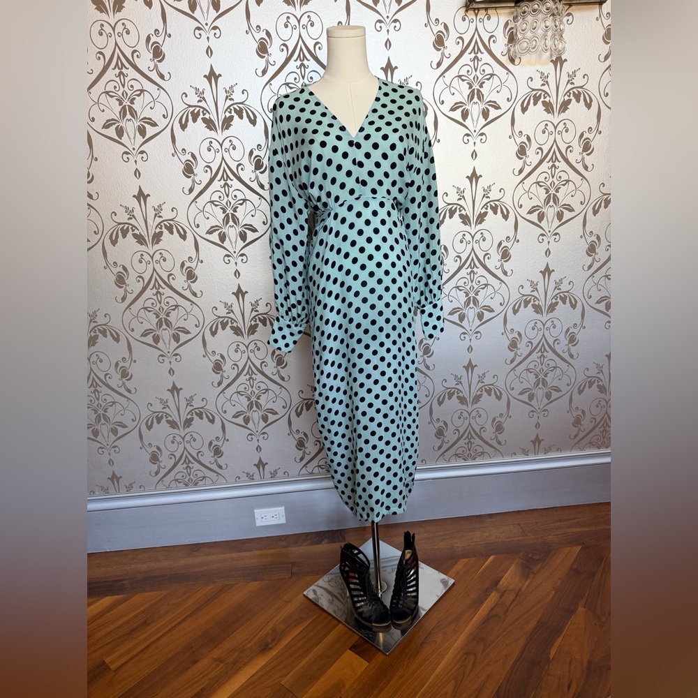 Maje  Mint Green Black Polka Dot Wrap Midi Dress. Size 2. Made in Tunisia